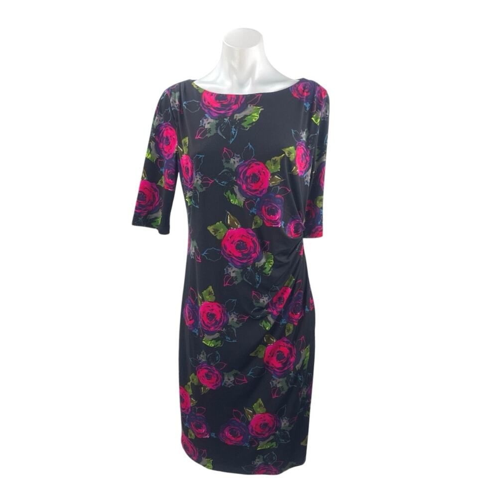 Chaus New York Multicolor Floral Boat Neck Half Sleeve Mini Sheath Dress Size S